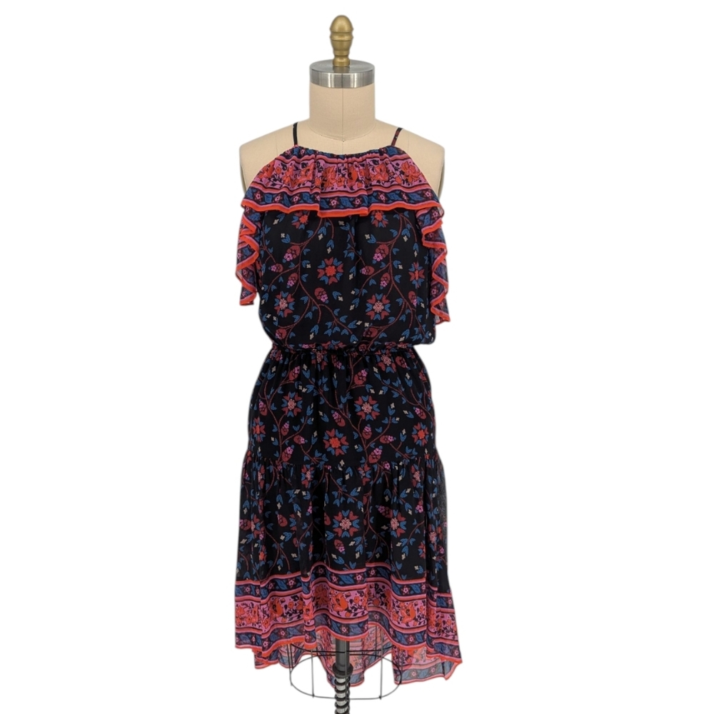 00809 Joie Floral Ruffle Silk Dress Black Red size Large bohemian summer western